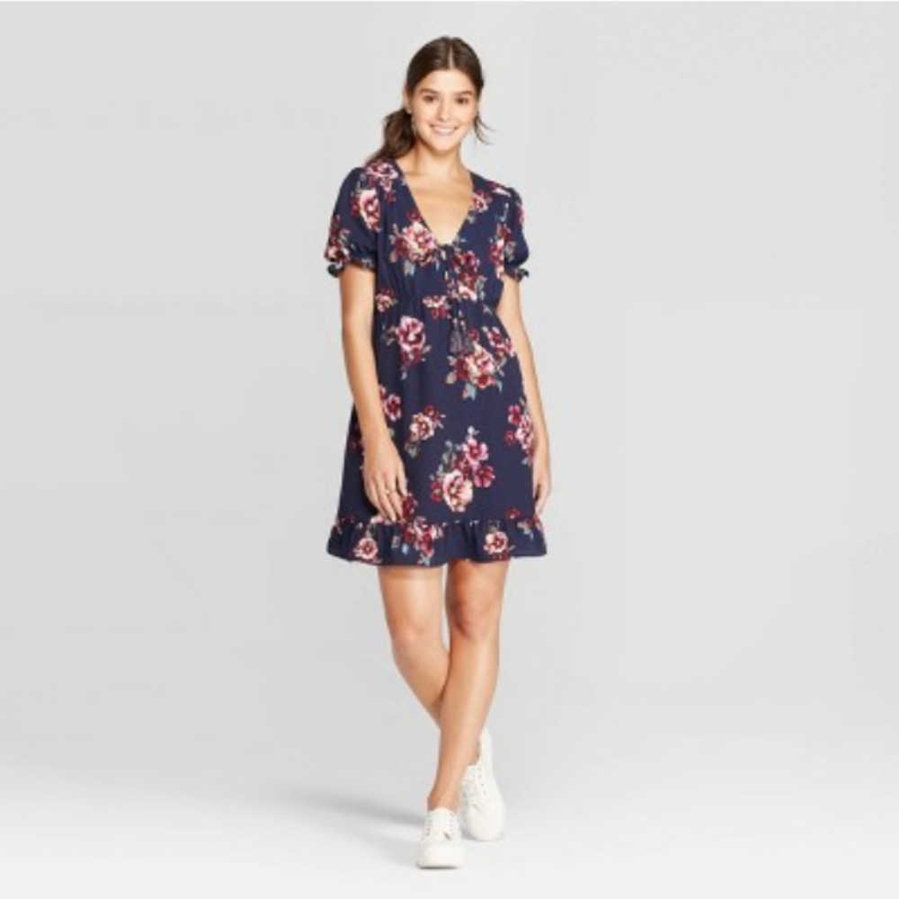 EUC Xhilaration Floral Navy Knee Length Dress with Pink and Purple Flowers - XS